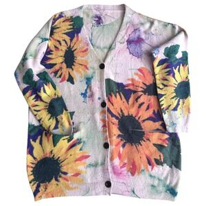 Artsy Cottagecore Sunflower Button Up Cardigan 1X 2X Plus Wool Cotton Blend